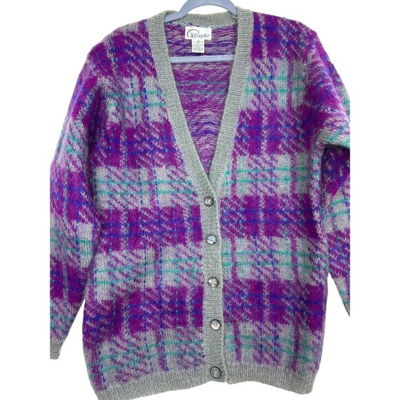 Vtg Pappagallo 90's Men's S Eclectic Grandpa Plaid Mohair Wool Cardigan Sweater - Picture 2 of 10